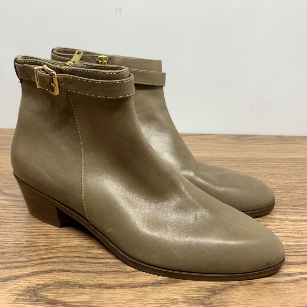 J. Crew Sz 9 Womens Leather Ankle Boots Booties Taupe Beige Brown Low Block Heel